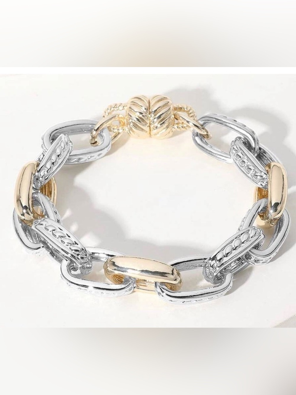 14k Gold Plated Two-Tone Link Bracelet with Magnetic Clasp NWT